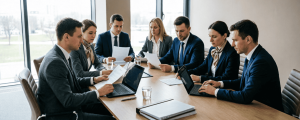 Команда юристов и специалистов по госзакупкам обсуждает жалобу в ФАС за конференц-столом с документами и ноутбуками